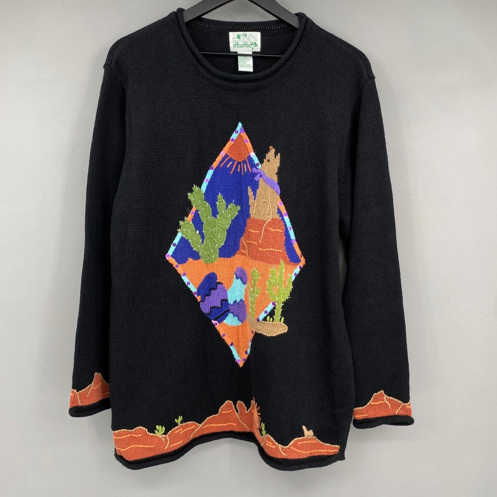 The Quacker Factory Desert Coyote Sweater Womens Large Southwest Cactus Black
